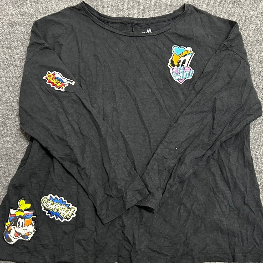 Disney Parks Shirt Womens XXL Black Long Sleeve Patch Graphic Relaxed Fit Cotton